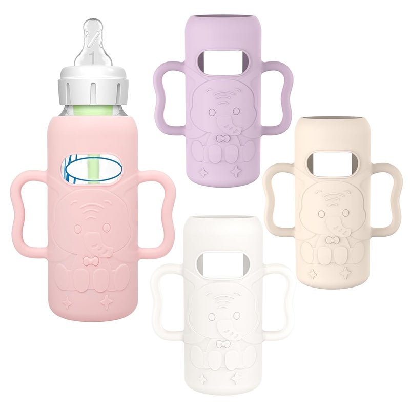 KingKam 4 Pack Silicone Sleeves for Dr. Brown's Glass Baby Bottles, Drop Protection Bottle Sleeves with Handles, Compatible with Dr. Brown's Anti-Colic Options+ Narrow Glass Baby Bottles, 8 oz/250 mL - Image 1